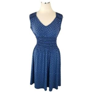 Adrienne Vittadini Smocked Waist Blue Geometric Pattern Sleeveless Dress SZ S